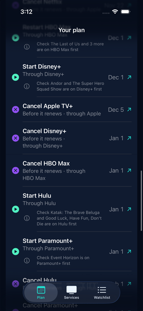 The FlixShift upcoming actions list: dated steps to cancel, start and restart streaming services.