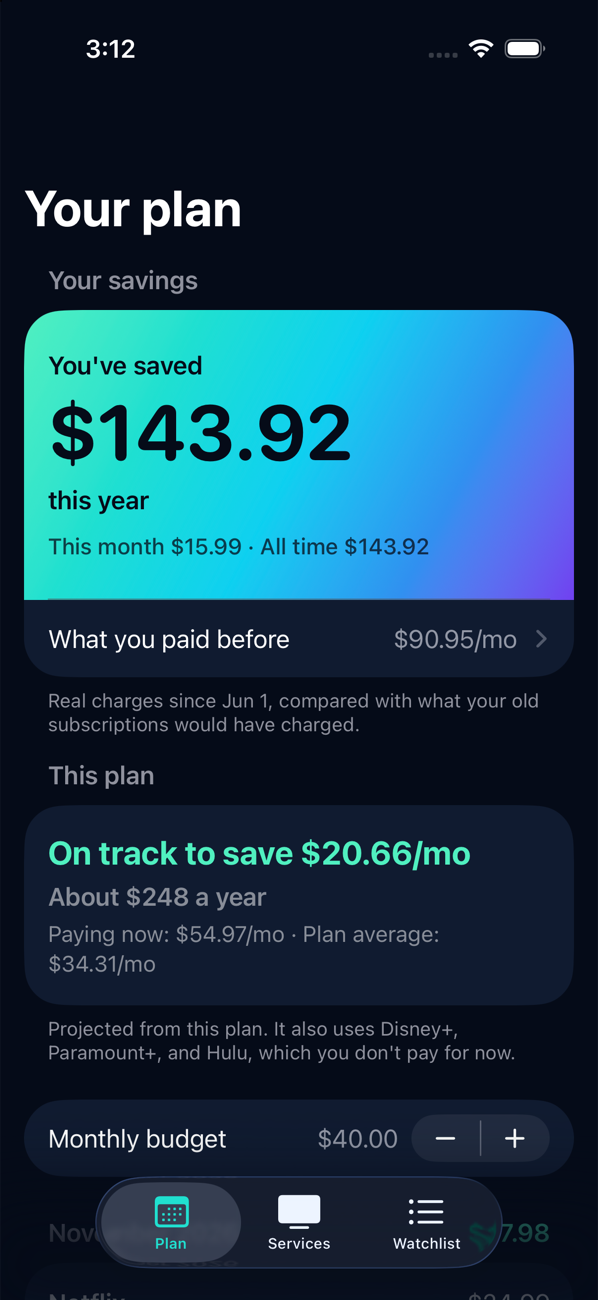 The FlixShift plan screen: a card showing money saved this year, the projected monthly saving, and the monthly budget.
